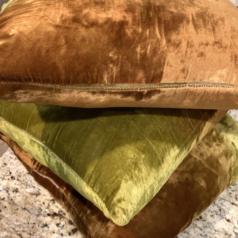 Pier One Velvet Two Color Green Brown Square Decorative Pillow Set